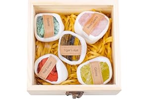 Apengshi 5pcs Large Natural Healing Crystal Stones Set Red Jasper Rose Quartz Citrine Tiger's Eye Epidote Raw Rough Stone Rock Chakra Healing with Wooden Gift Box