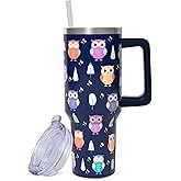 ZNYYZYBA 40 oz Tumbler with Handle and Straw, Stainless Steel Insulated Owl Tumbler 40 oz, Reusable Owl Coffee Mug with Leak Proof Lid, Owl Gifts for Women