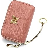 imeetu RFID Credit Card Holder for Women Genuine Leather Card Case Wallet with Zipper and Removable Keychain (Coral Pink)