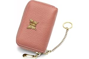 imeetu RFID Credit Card Holder for Women Genuine Leather Card Case Wallet with Zipper and Removable Keychain (Coral Pink)