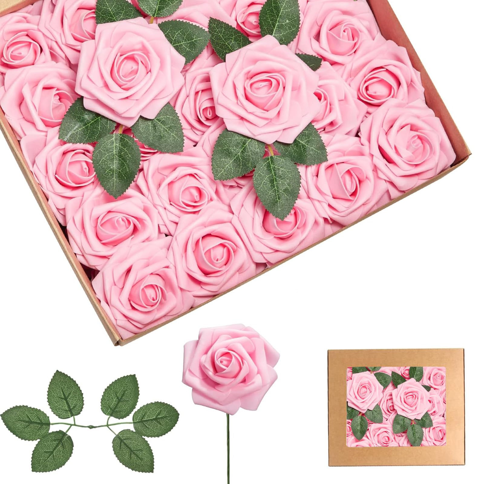 25Pcs Tender Pink Artificial Roses, Real Touch Foam Roses with Stems, 4 Leaves, Artificial Flowers for Wedding, Bridal Bouquets, Cake, Grave Stone, Table Centerpieces, Baby Shower, Funeral Decoration