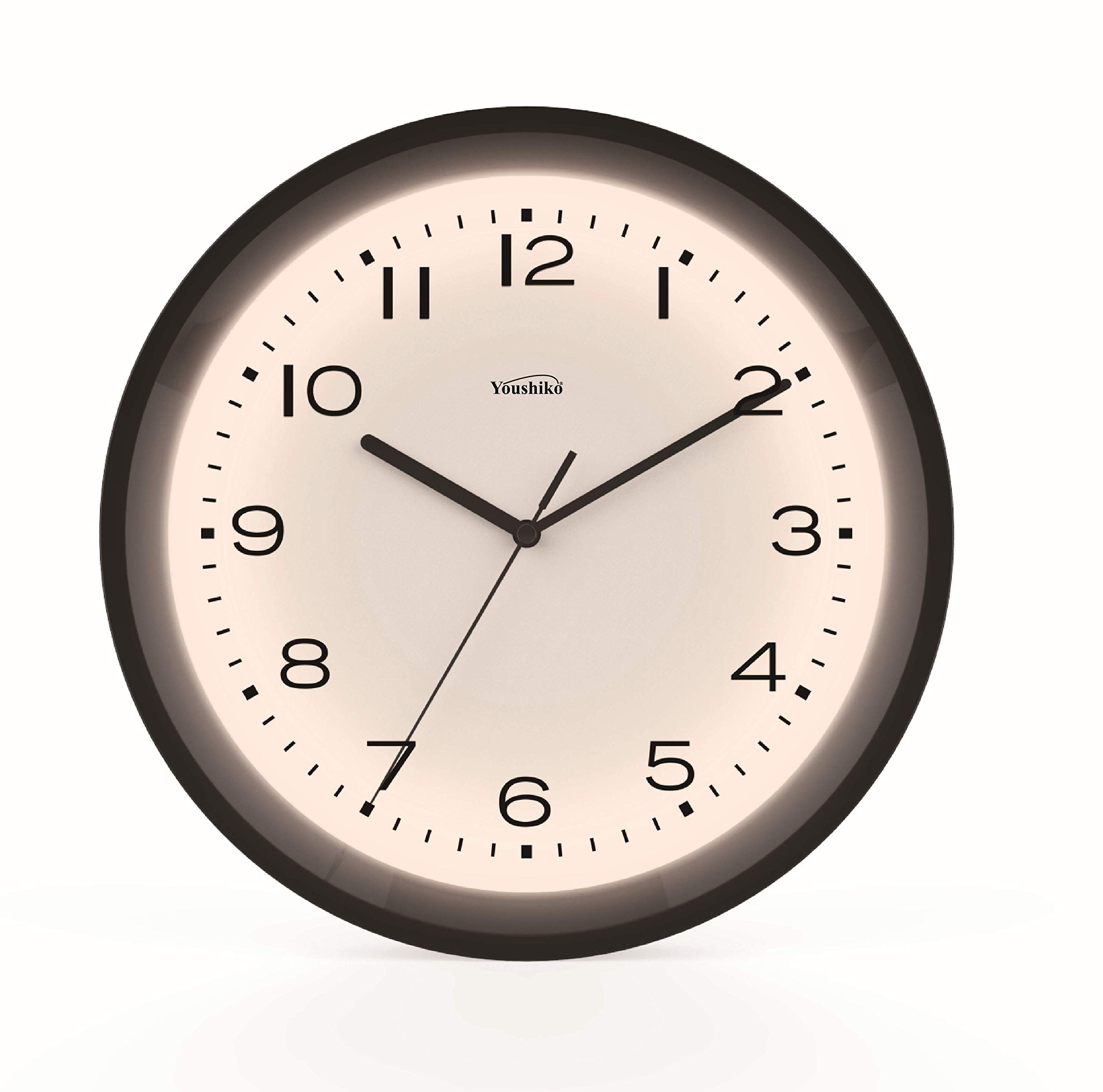 Youshiko Large ( 30cm / 12-Inch Diameter ) Non Ticking Silent Wall Clock with Automatic Intelligent Backlight - Night light ( Ideal for bedroom or any dark room )