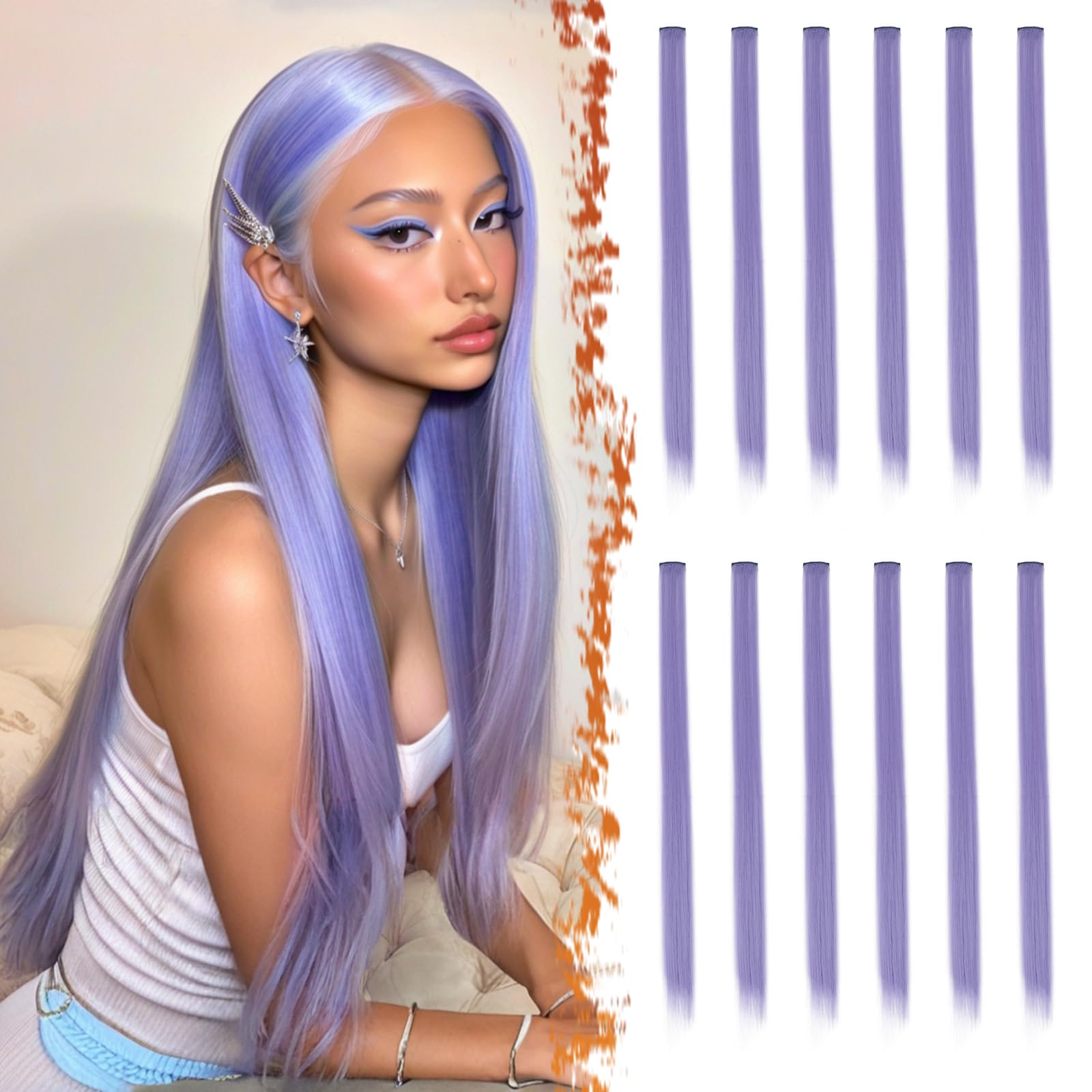 BARSDAR Coloured Hair Extensions for Women, 12 PCS Colored Clip in Hair Extensions Rainbow Party Highlights Synthetic Hairpieces 21 inch Grey Purple Extensions with Rubber Bands