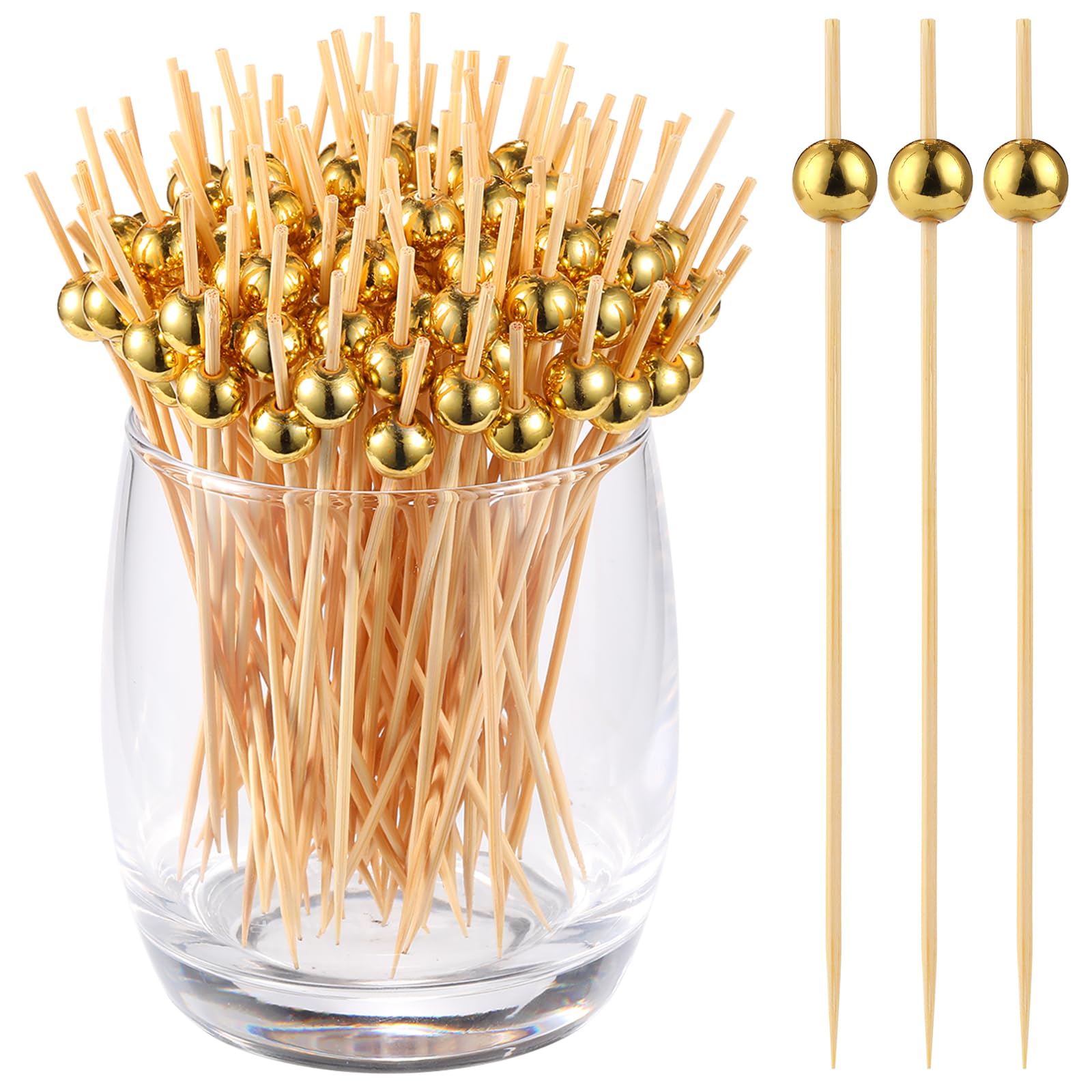 Photo 1 of 200 Pcs Cocktail Picks, Gold Plastic Ball Decor Skewer for Appetizers, Fruit, Kebabs, Mini Burger, Bamboo Skewers for Drinks, Handheld Toothpicks, Food Sticks Natural, Kitchen Gadget