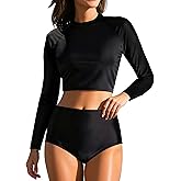 Pinup Fashion Long Sleeve Rash Guard - 2 Piece Swimsuit Bathing Suits with Bottom Swim Top UV UPF 50+