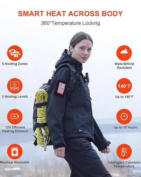 DEWBU HEATED JACKET FOR WOMEN WITH 12V BATTERY PACK WINTER OUTDOOR SOFT SHELL ELECTRIC HEATING COAT, WOMEN’S BLACK, M