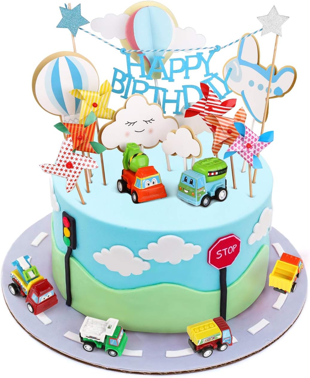 Toy Cars Cake Topper Joyoldelf Happy Birthday Cake Topper Car Airplane Windmill Hot Air Balloons Clouds Cake Decorations Ideal For Adult Wedding Birthday Kids Baby Shower Party Amazon Co Uk Kitchen Home