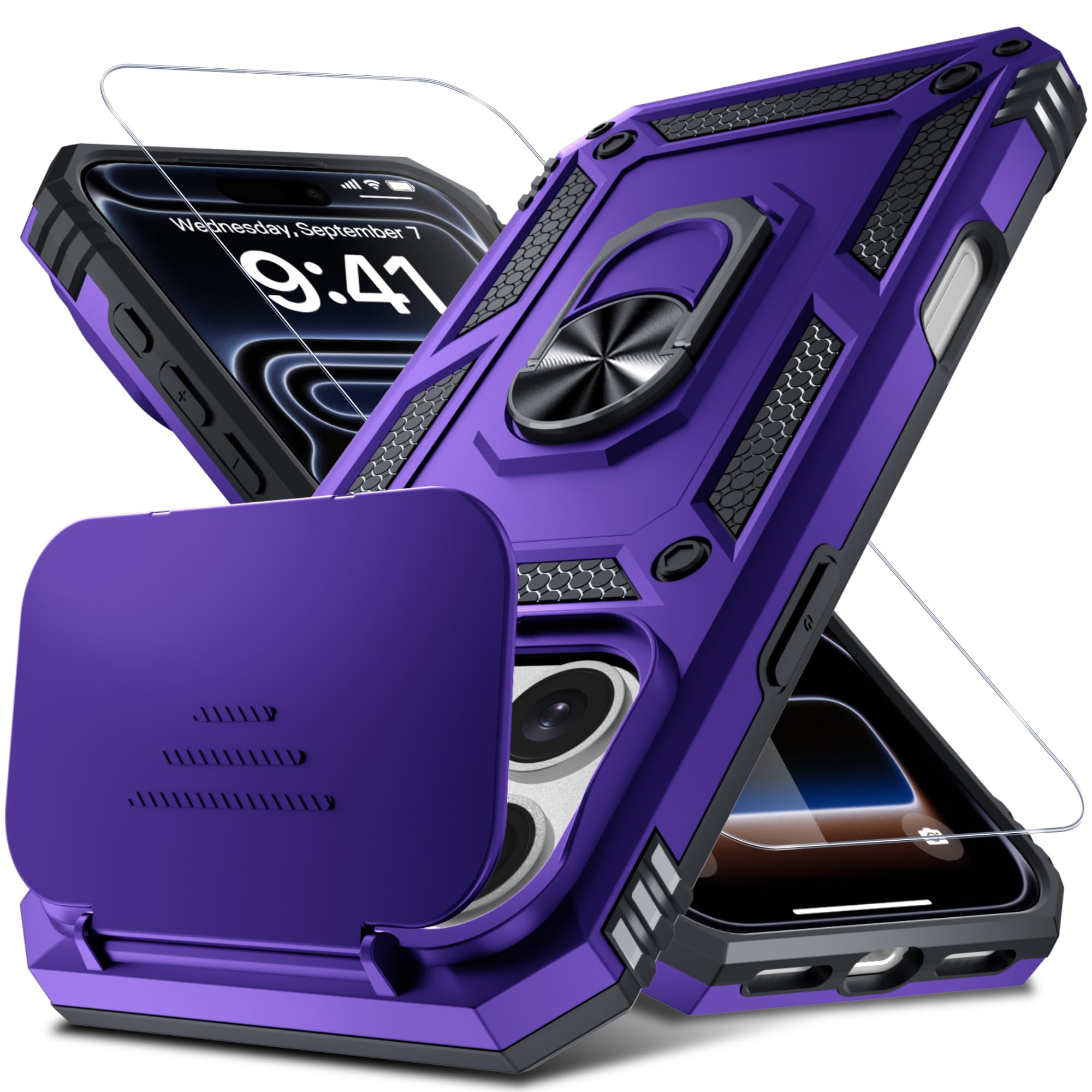 Janmitta Case for iPhone 17 Pro Phone Cover Built in Foldable Camera Lens Cover+Screen Protector,Heavy Duty Shockproof Full Body PhoneCase with Finger Ring Holder Kickstand,Purple