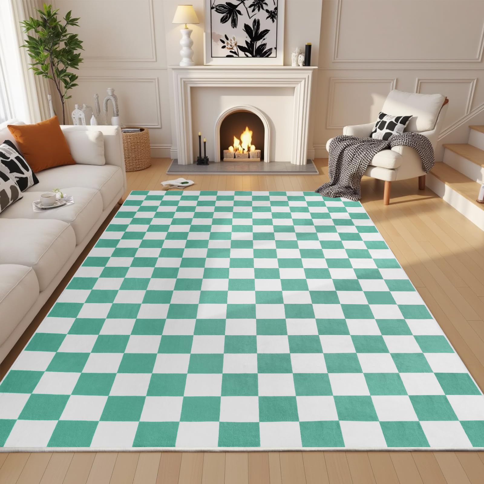Photo 1 of Terrug Green and White Checkered Rug for Living Room,5x7 Area Rugs Washable with Non Slip for Bedroom,Soft Low Pile Stain Resistance Retro Carpet for Dorm Kids Room