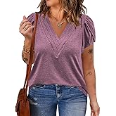 VISLILY Womens-Plus-Size-Summer-Tops Casual Petal Short Sleeve T Shirts Trendy V Neck Blouses Flowy Dressy Tunics XL-5XL