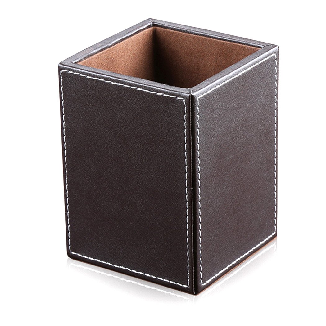 SIPLIV PU Leather Square-Shaped Pencils Holder Office Desk Container Box,Large Capacity Pen Holder, Brown