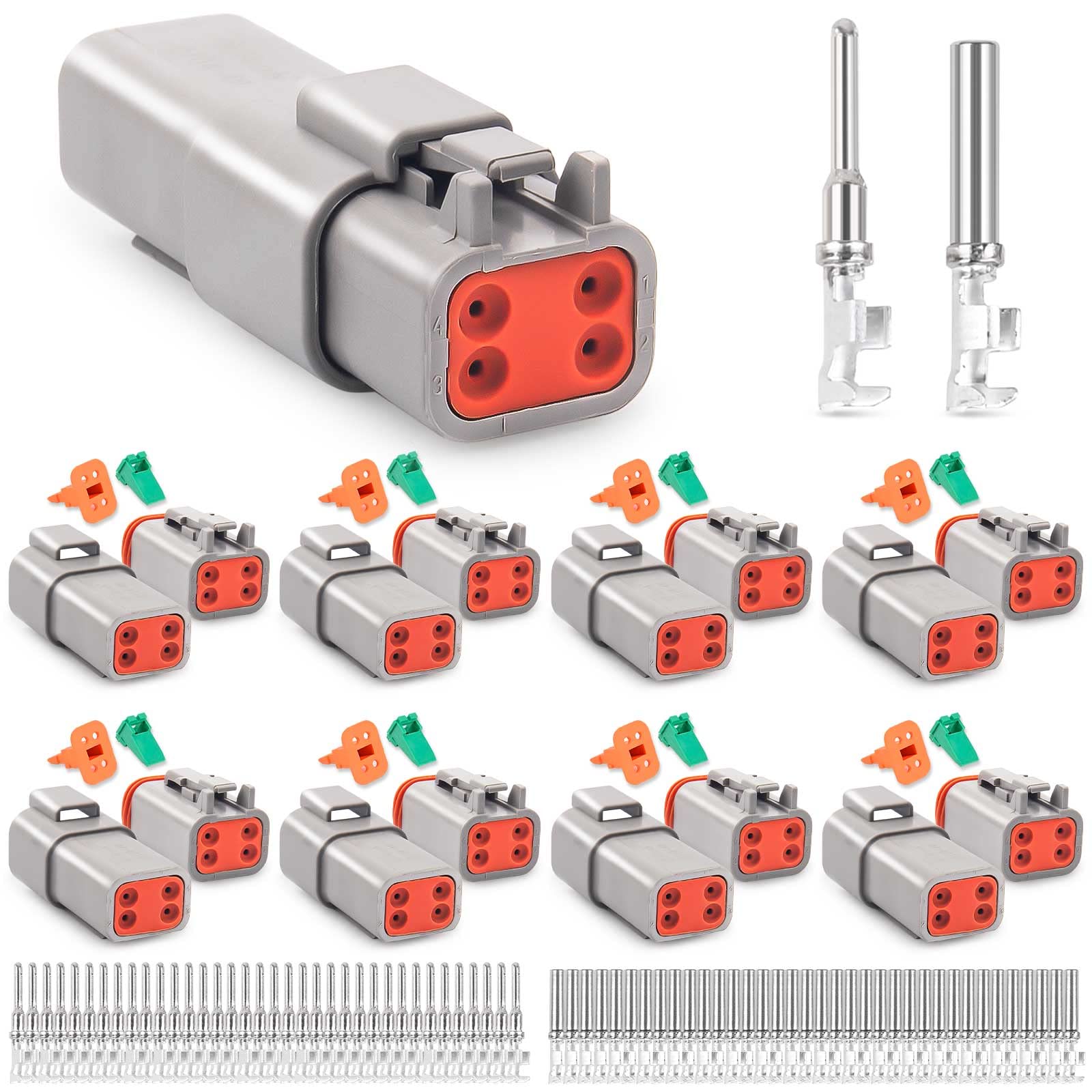 Photo 1 of JRready ST6327-402 Deutsch DT 4 Pin Connector 8 set, Size 16 Stamped Contacts 14-18AWG, Gray Automotive Electrical Wire Connectors.