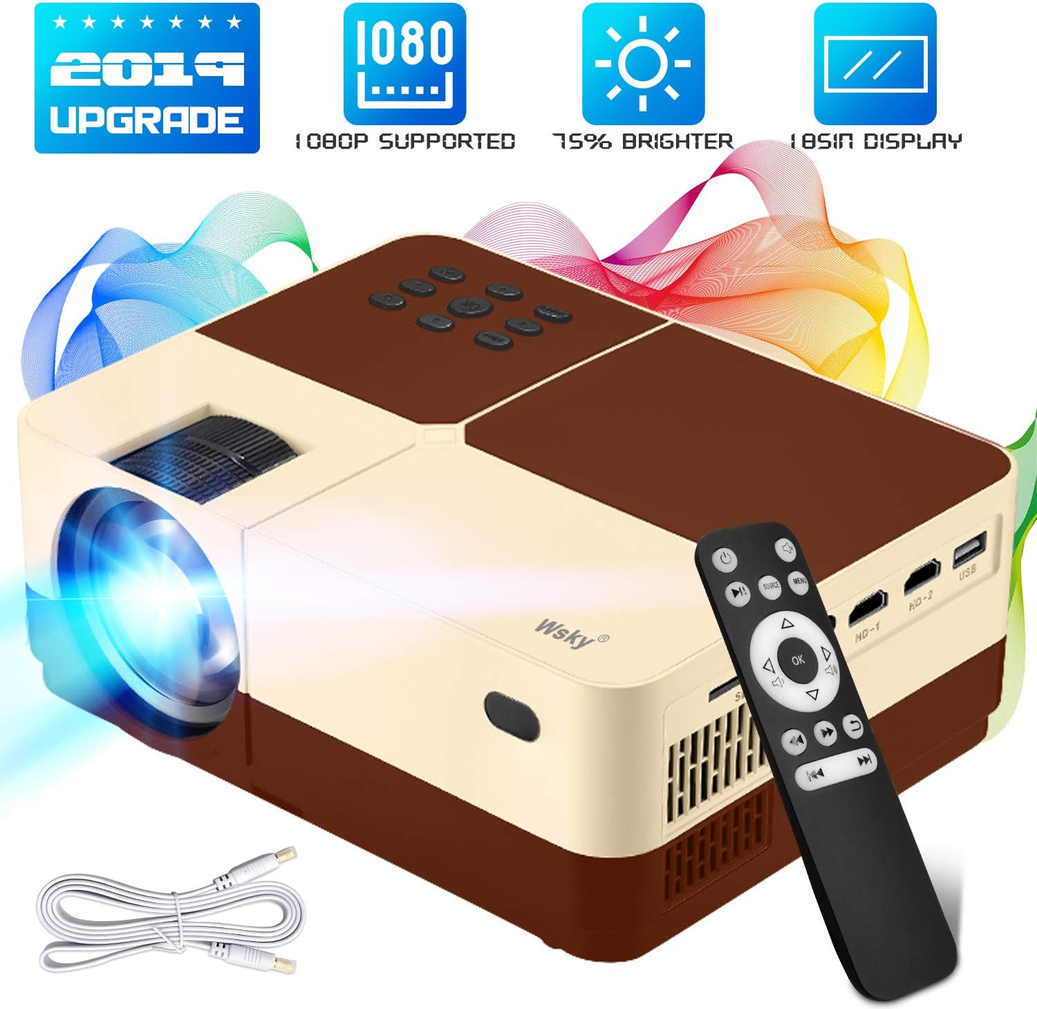 Wsky Portable Home Theater Video Projector - Newest 2019 3000Lux HD Video Projector - Support 1080P 1920x1080 Resolution - Perfect for Watching Movies Home Entertainment or Gift Giving (Brown)