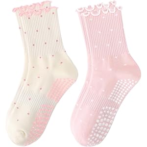 FIYIGO Women's Pilates Grip Socks, Cute Ruffle Non-Slip Polka Dot Yoga Sock | Grippy, Frilly, Crew Length, Arch Support, Soft