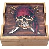Pirate Coaster Set with Wooden Coaster Holder, Nautical Décor, Set of 4 Coasters, 4.25 Inches