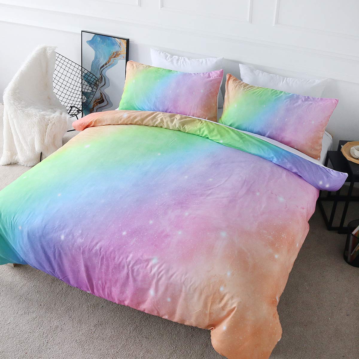 BlessLiving Pink Gradient Duvet Cover Double for Girls: Cute Soft Ombre Rainbow Bedding Sets Pastel Quilt Cover with Zipper Closure, Spreads Sparkle Duvet Covers with 2 Pillow Cases for Kids Teens — image 1