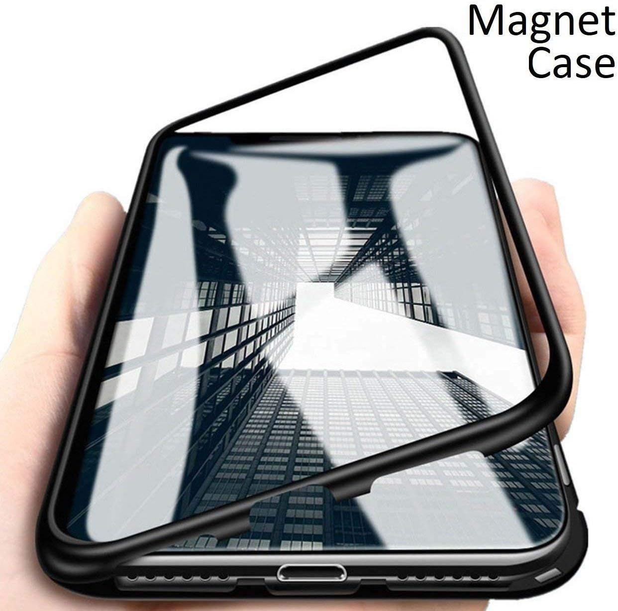 Trifty Slim Magnetic Flip with Metal Frame & Back Side Transparent Tempered Glass Back, Built-in Powerful Magnet Flip Back Cover Case for 1+7 Pro (Black)
