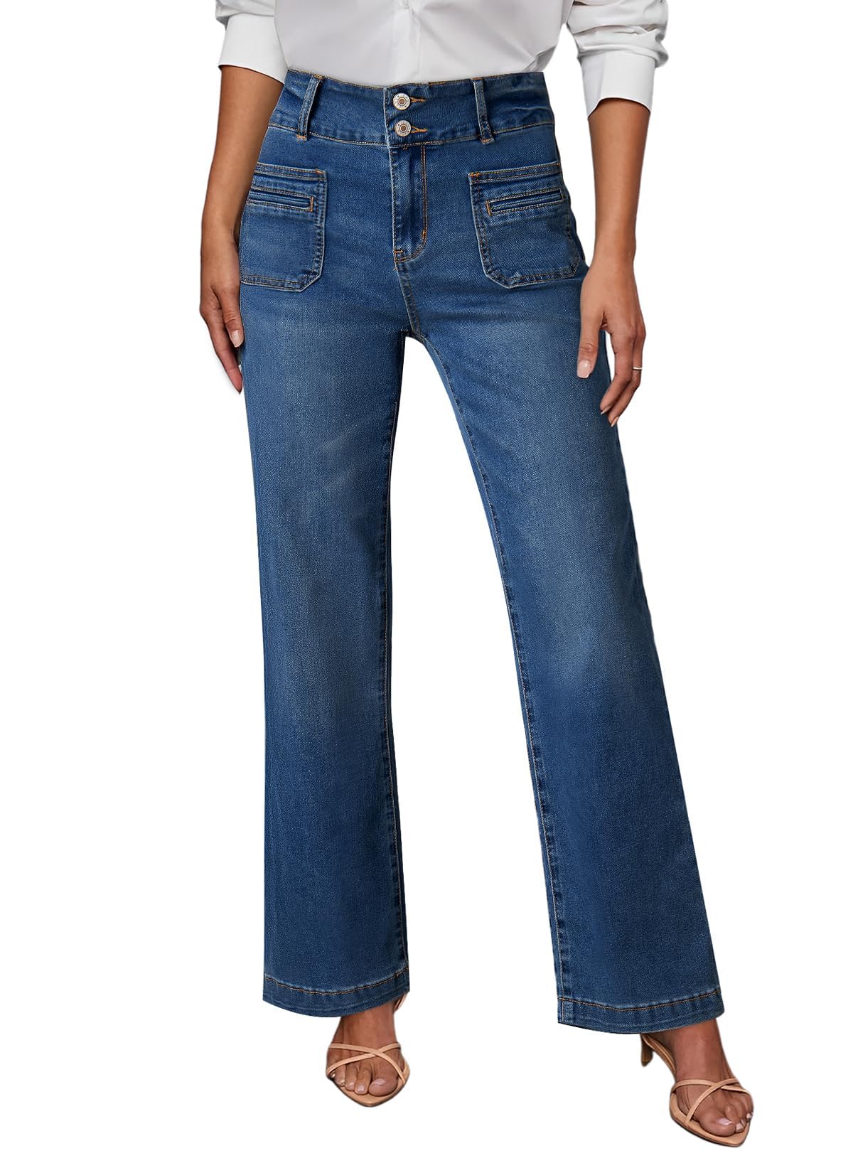 Photo 1 of Sidefeel Women's High Waisted Tummy Control Jeans Stretchy Wide Leg Pockets Front Denim Pants Real Teal Size 10