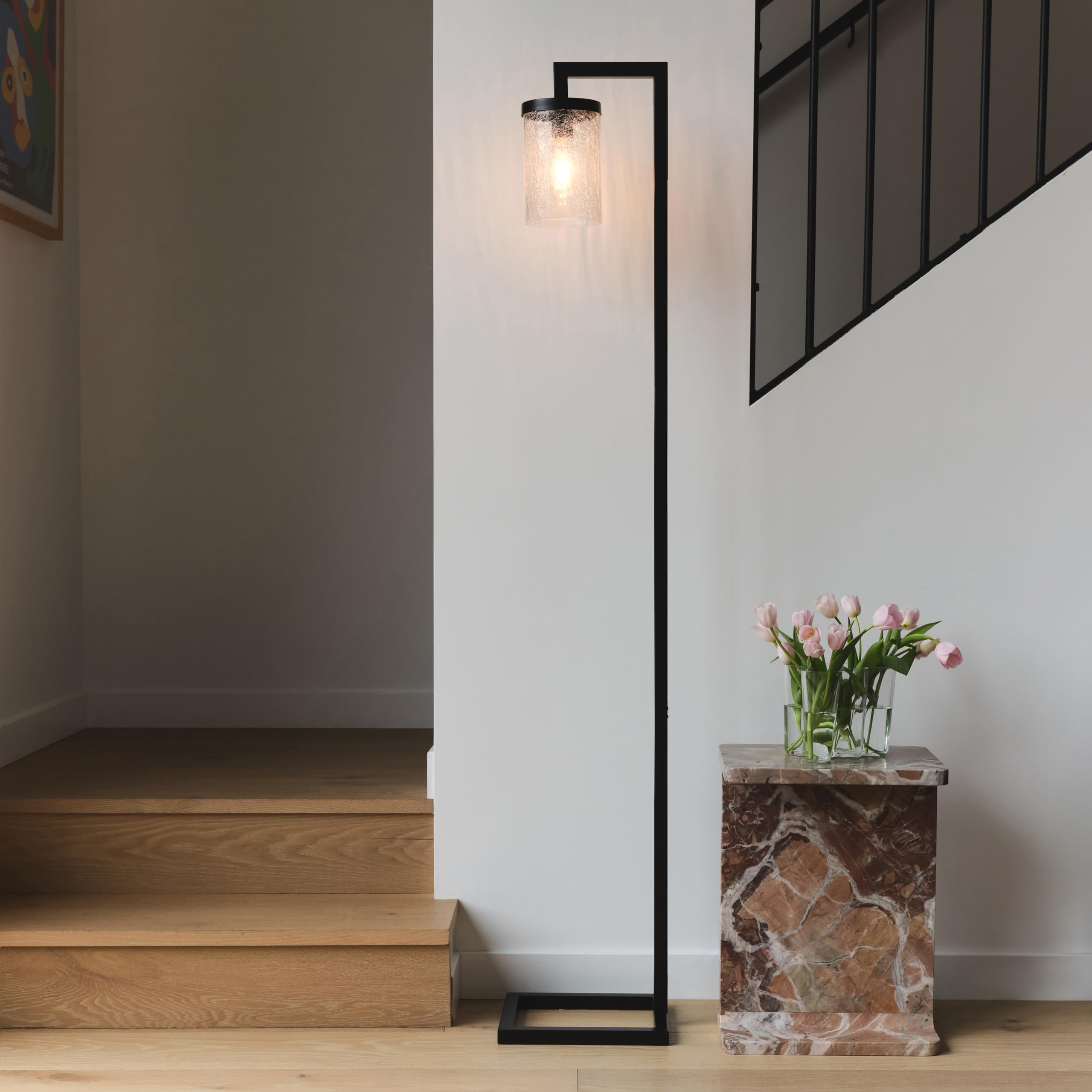 Brightech Henry LED Floor Lamp, Farmhouse Light Matches Rustic Décor, Standing Lamp for Bedroom Reading, Industrial Lamp for Living Rooms & Offices, Tall Lamp with Hanging Crackled Glass - Black