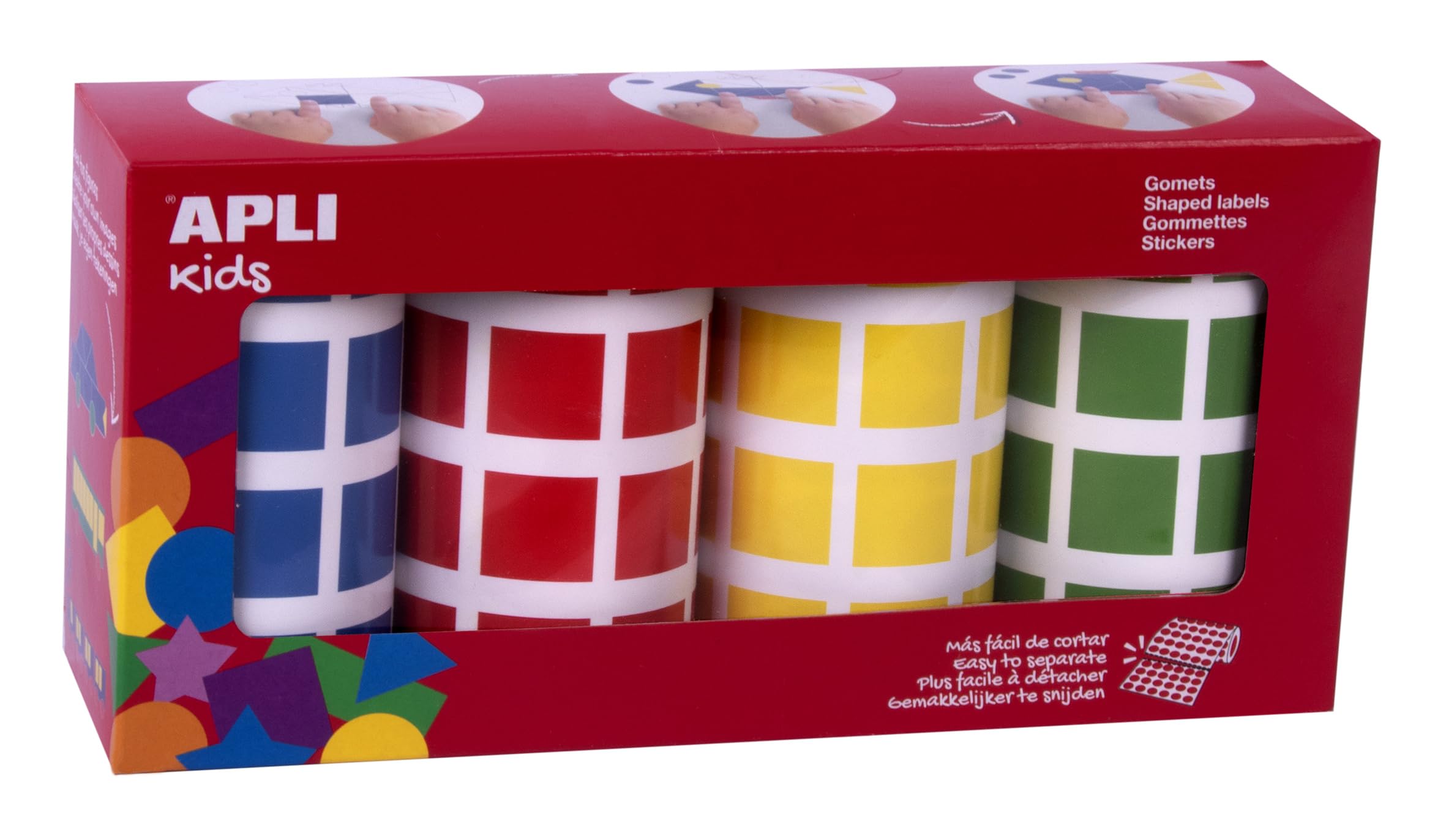 APLI Kids 18326 Square Gomets Rolls 4 Colours Blue, Red, Yellow and Green, 20 x 20 mm