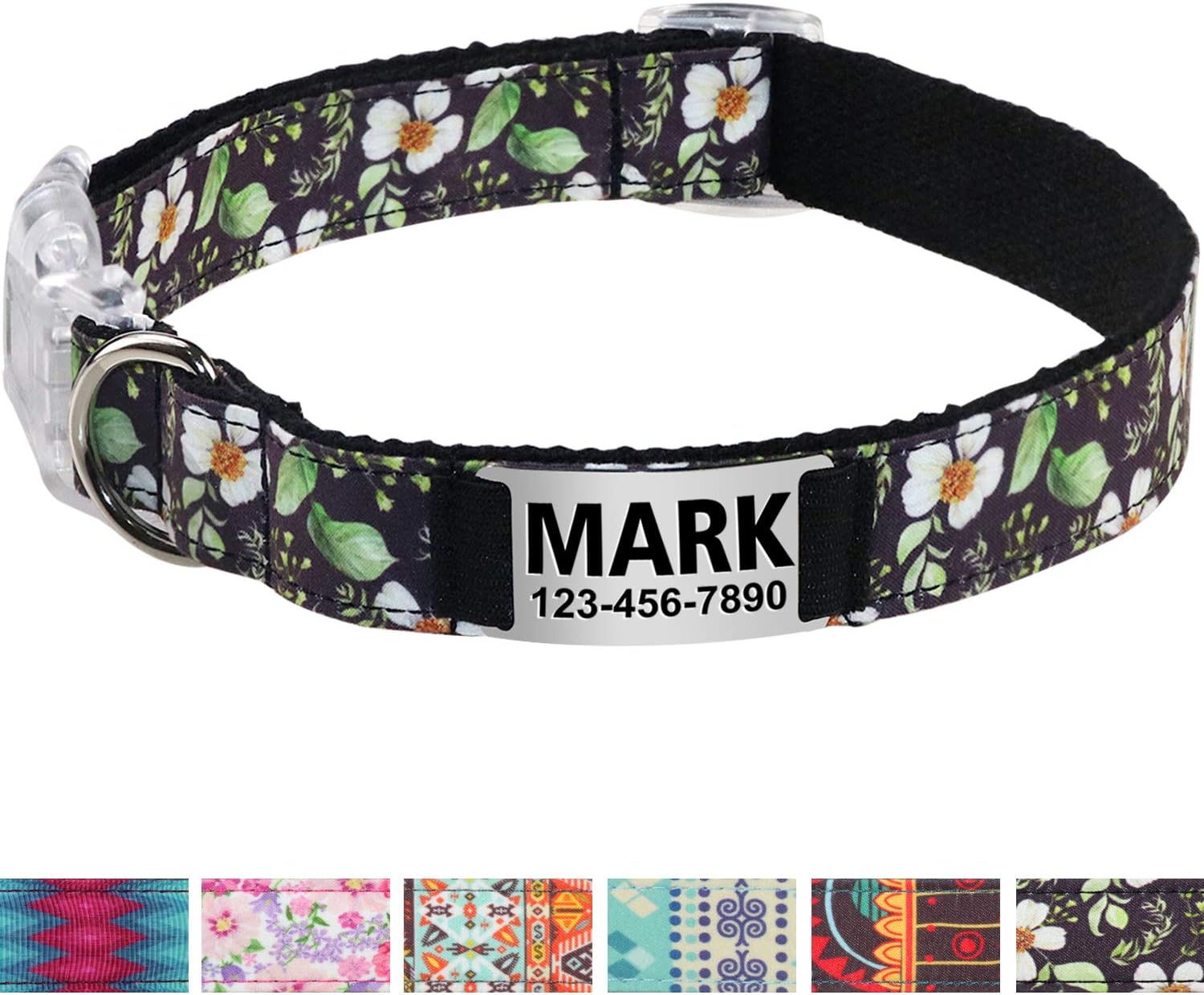 Personalised Dog Collar/Premium Custom Dog Collar with Nameplate/Breakaway Buckle/Fashion Patterns Dog Collars/Laser Engraved/Black Flower Medium