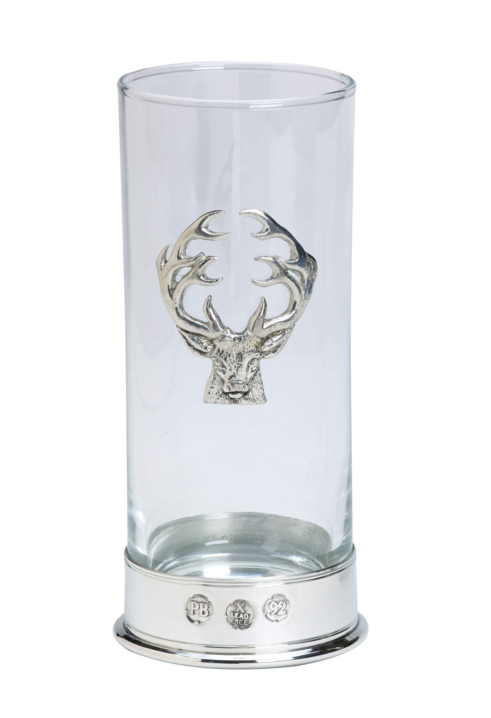 Farm Cottage Brands Lead Free pewterware Mounted 12oz high Ball Glass Tumbler with a stag's Head Emblem in a Presentation Box