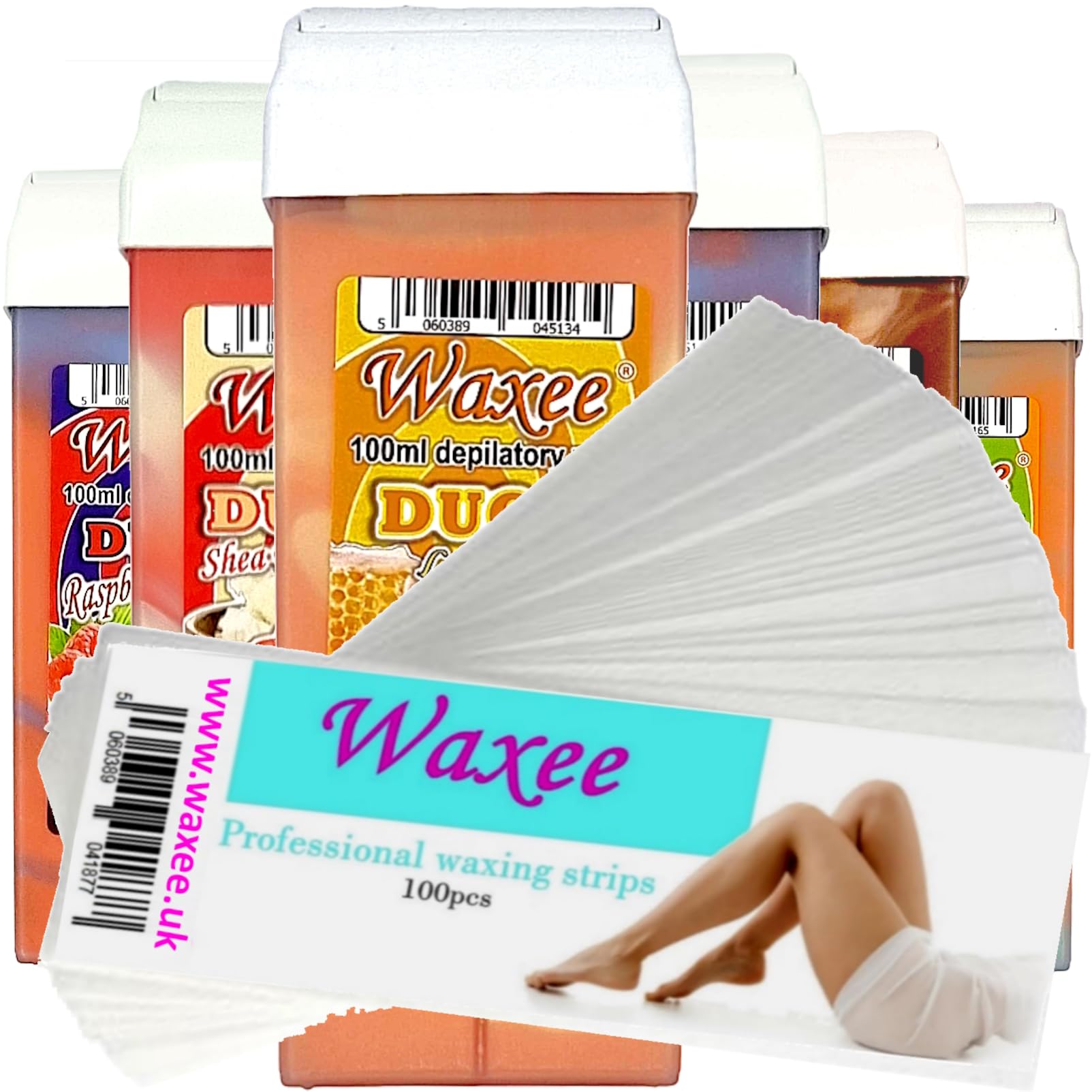 Roll on wax roller wax cartridge 100ml, 6pcs Waxee DUO wax refill+ 100pcs waxing strips.