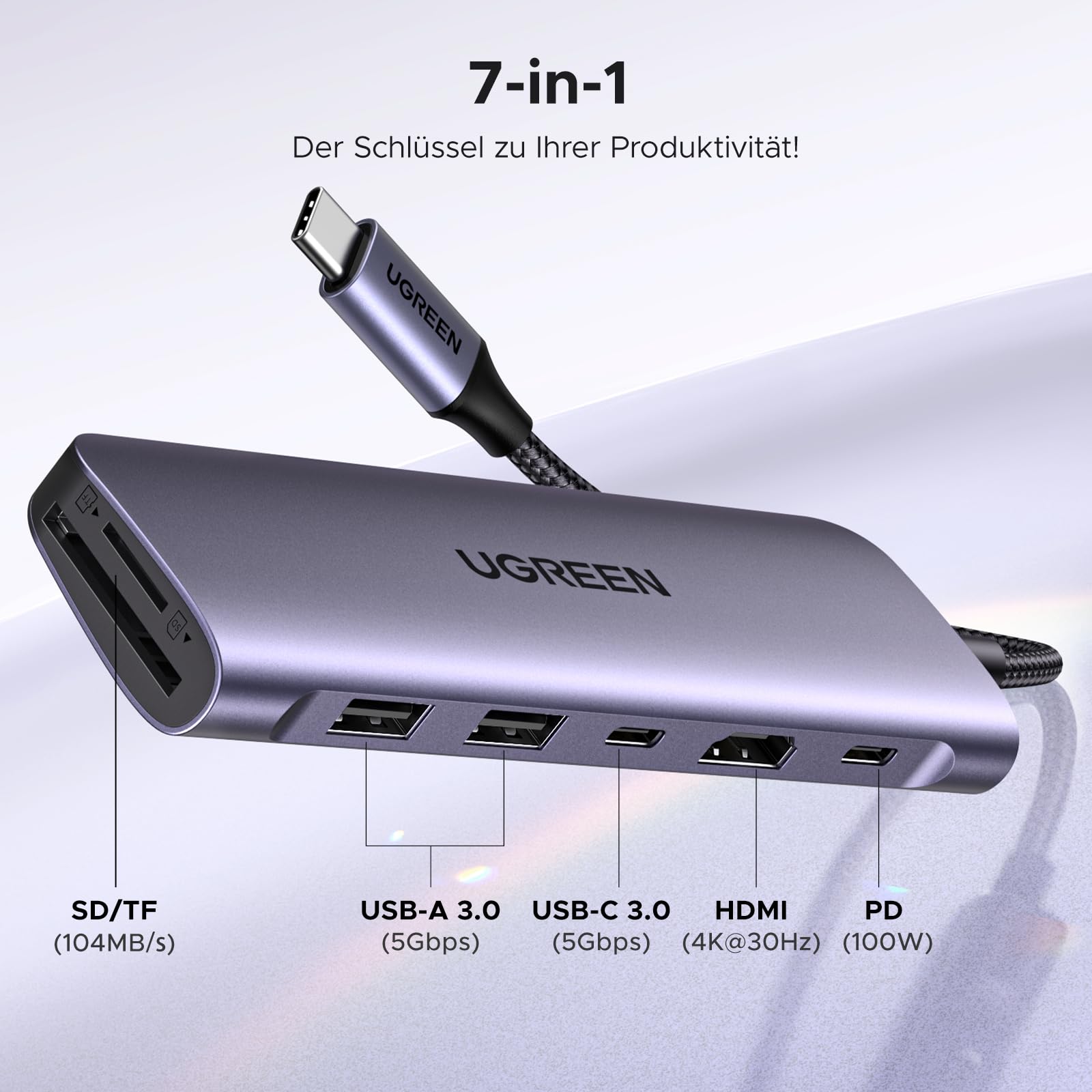 UGREEN Revodok 1071 USB C Hub HDMI 4K, PD 100W, USB 3.0 Datenports, SD/TF Kartenleser Multiport Adapter Kompatibel mit iPhone 17/16, MacBook, iPad, Surface Laptop, Galaxy S24, Steam Deck usw. 2