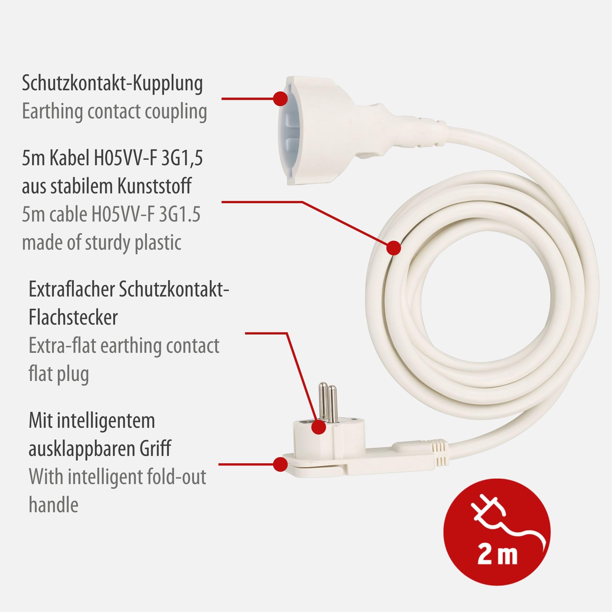 Brennenstuhl Qualitäts-Kunststoff-Verlängerungskabel mit Flachstecker (Verlängerungskabel flach für innen mit 2m Kabel) weiß 2
