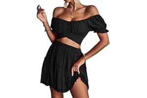 LYANER Women's 2 Piece Outfits Floral Off Shoulder Tie Up Crop Top and Mini Skirt Set