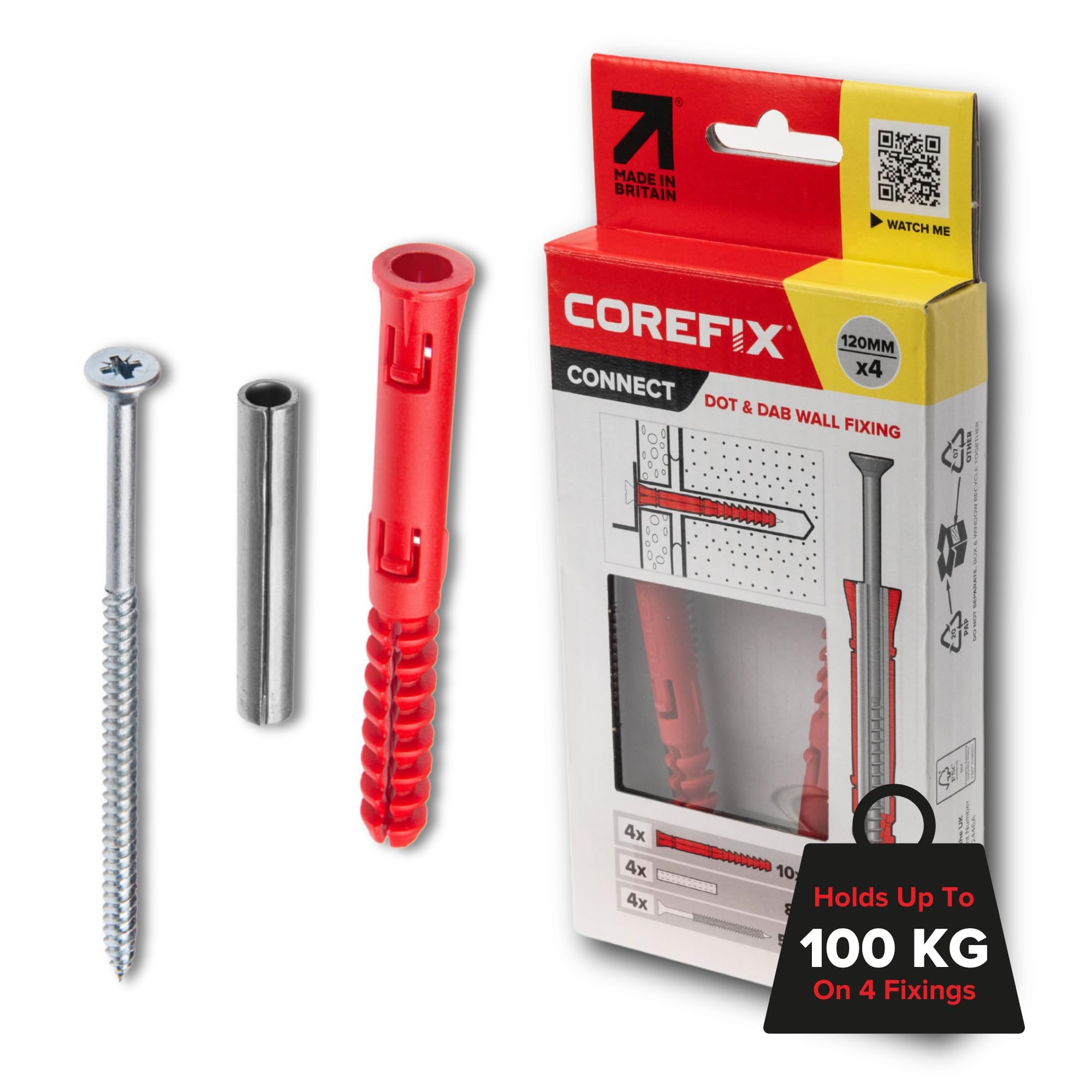 Corefix 4 x 120mm Heavy Duty Dot & Dab Wall Fixings - Plasterboard Over Blockwork Wall Plugs & Screws - For TV Wall Bracket, Radiators, Shelving & More - Holds 100kg On 4 Fixings
