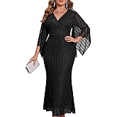 CYCLAMEN Plus Size Sparkly Formal Dress Lace Maxi V Neck Mermaid Cocktail Evening Wedding Guest
