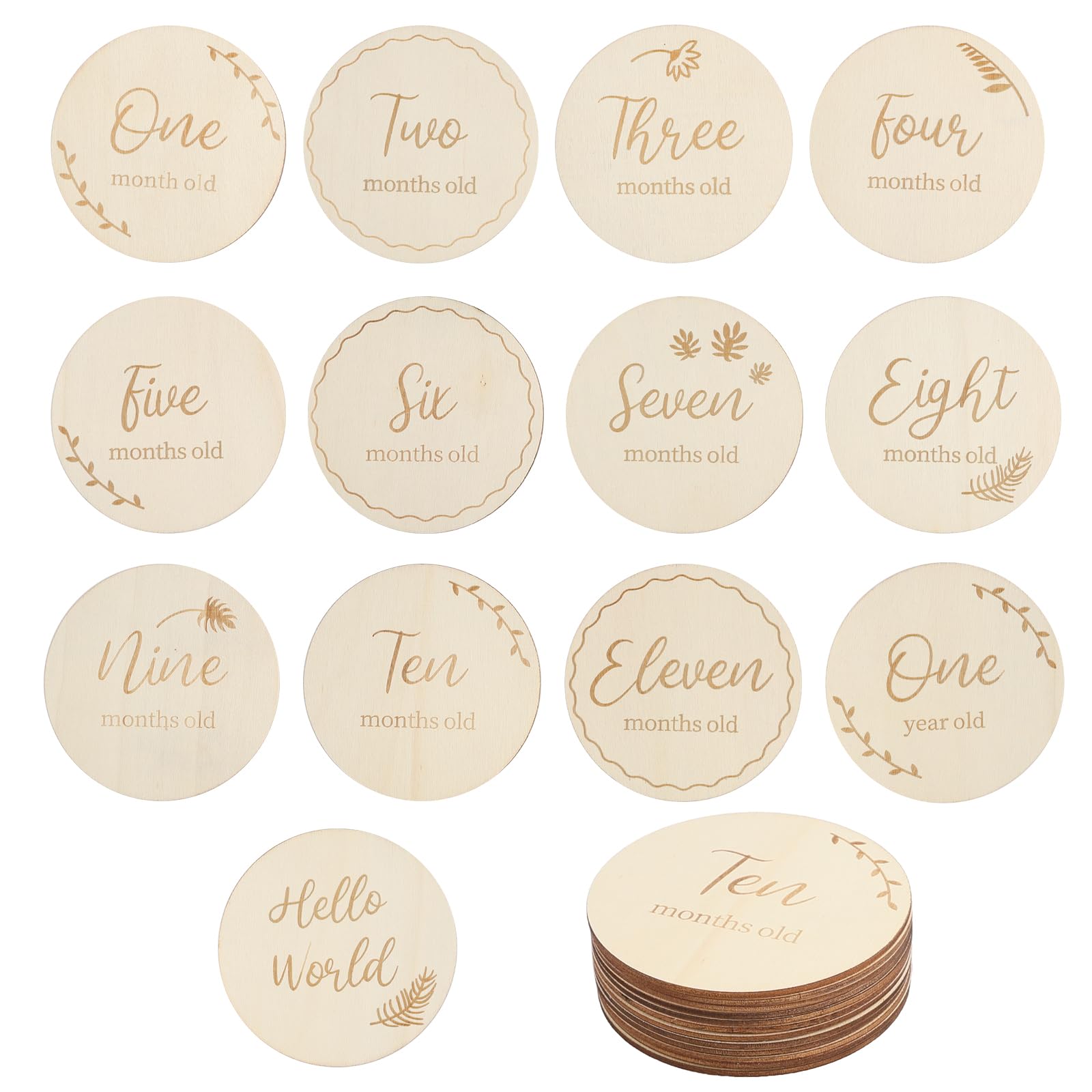 MIYUANGKJ Baby 13pcs Monthly Cards 10cm Round Wooden Milestone Cards for Newborn 0-12 Months Growth Recording