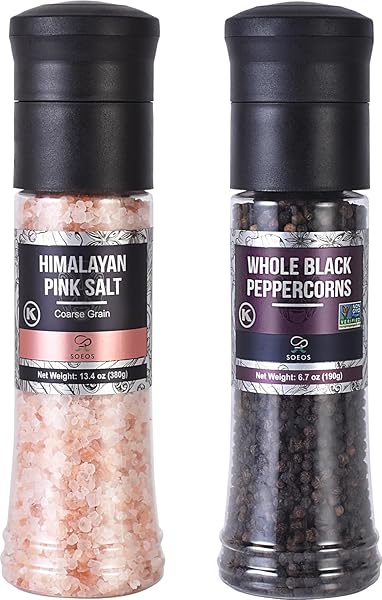 SOEOS WHOLE BLACK PEPPERCORNS, 6.7OZ (190G) AND HIMALAYAN PINK SALT, 13.4OZ (380G), PLASTIC BOTTLE GRINDER WITH SPICE GRINDER WITH SALT AND PEPPER SHAKER, SALT AND PEPPER SET.