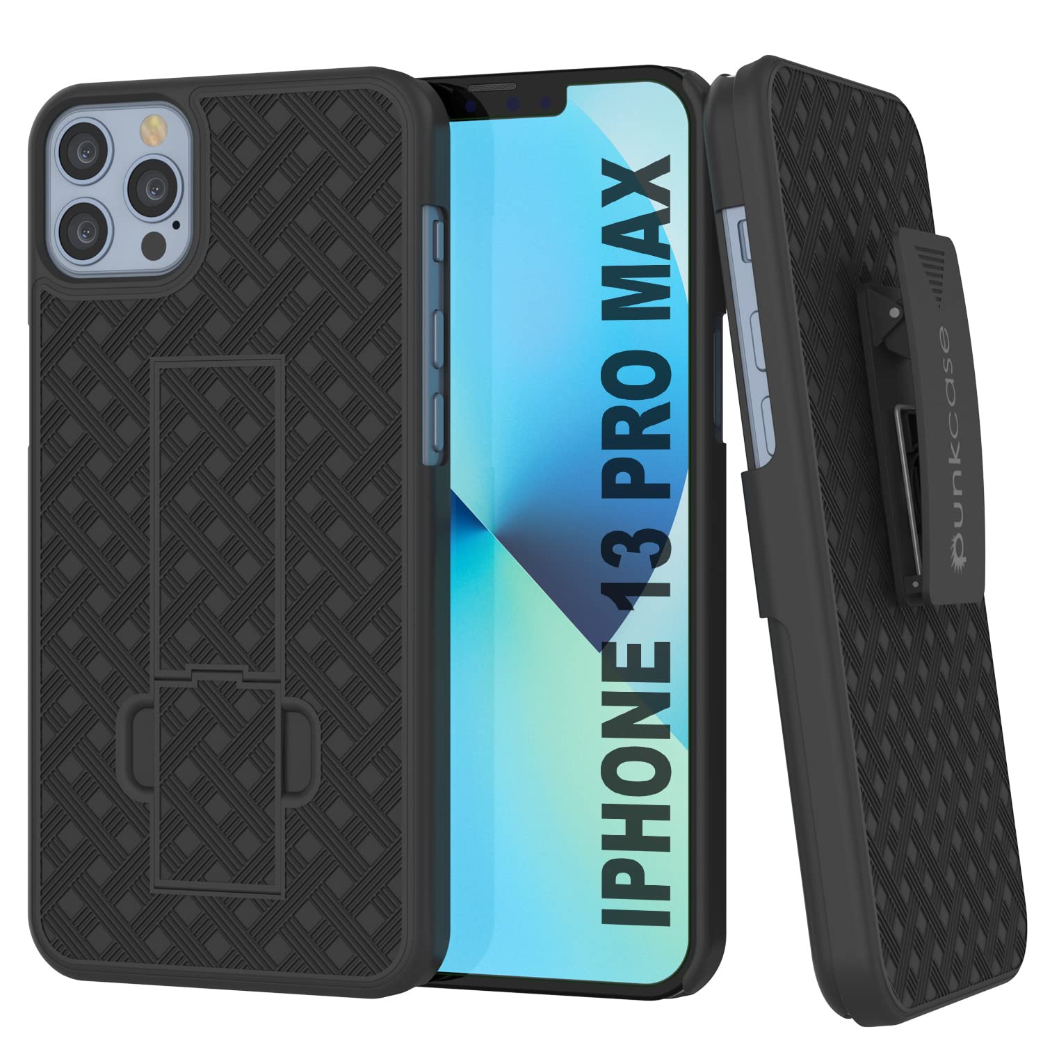 PunkCase iPhone 13 Pro Max Holster Belt Clip Case W/Screen Protector & Built-in Kickstand,Dual Layer Hybrid TPU 360 Full Body Protection [Thin Fit] for Apple iPhone 13 Pro Max (6.7") (2021) [Black]