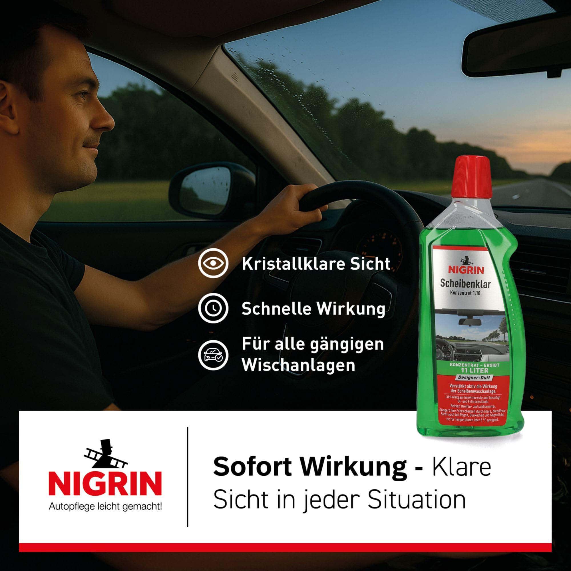 NIGRIN Scheibenklar Konzentrat 1:10 Designer Duft | 1 Liter | Reinigungszusatz für Autoscheiben und Scheinwerfer | entfernt Insekten, Öl, Fett | schlierenfrei | verhindert Streulicht | ab 5 °C 3