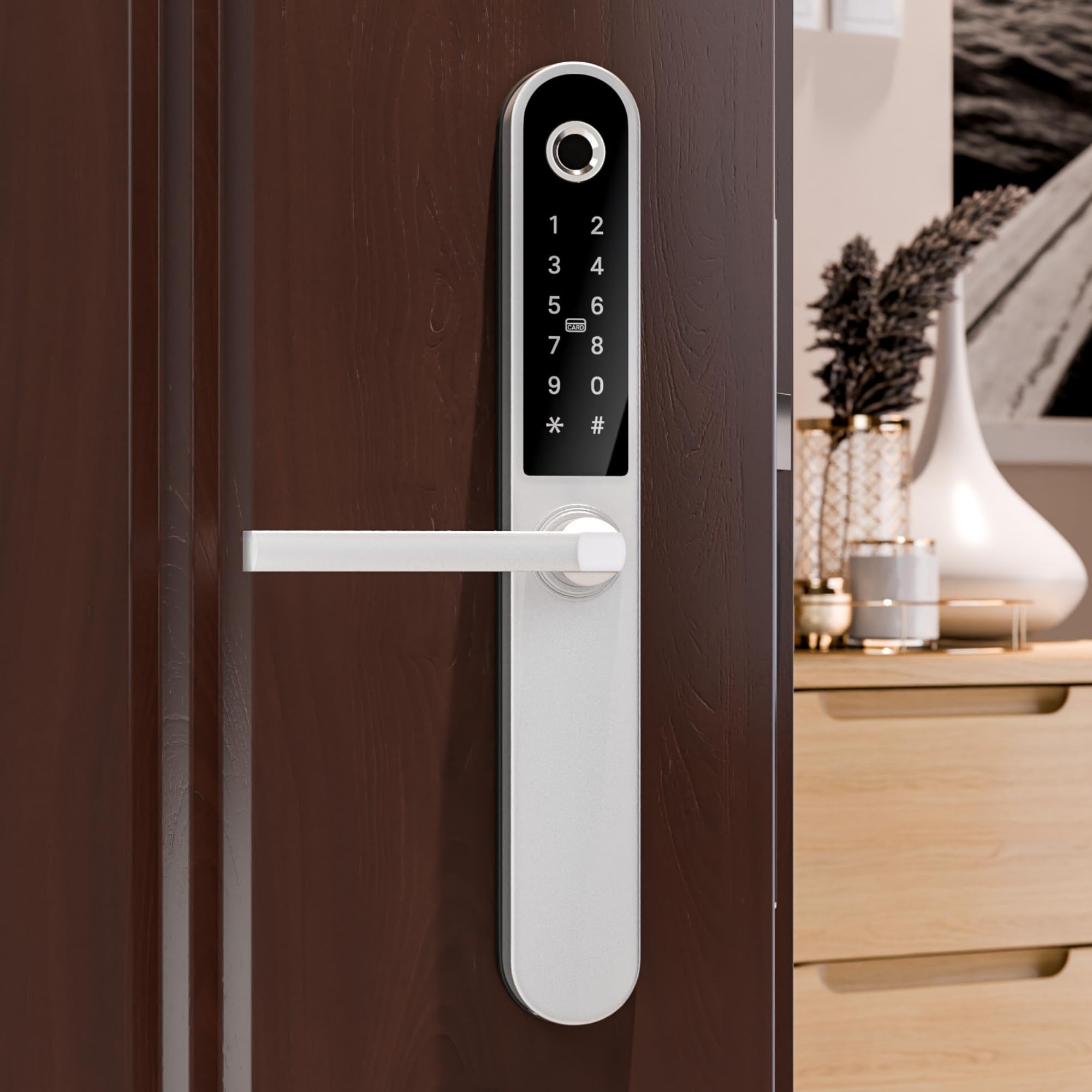 Blusafe Apollo Silver Keyless Door Handle for Home Security, Finger Print, Key Card, Keypad, App Control, Remote Lock/Unlock