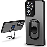 WINTONG for Galaxy S21 Ultra Case with Metal Stand, Matte Back Phone Case with Double Ring Holder Finger Kickstand【Foldable & Adjustable】 Shockproof Translucent Protective Cover - Frosted Black