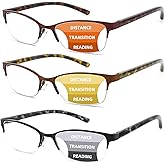 Ryegis 3-Pack Progressive Reading Glasses for Women Stylish Half Frame Metal Anti UV/Eye Strain/Glare