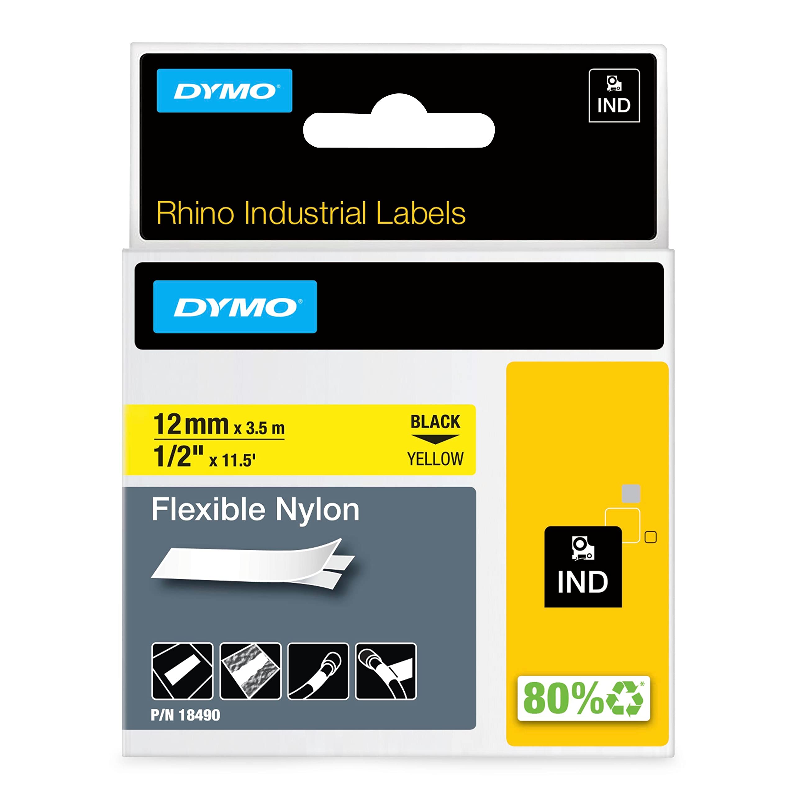 DYMO Rhino Industrial Flexible Nylon Labels | 12 mm x 3.5 m | Black Print on Yellow | Self-Adhesive | for Rhino & LabelManager Label Makers