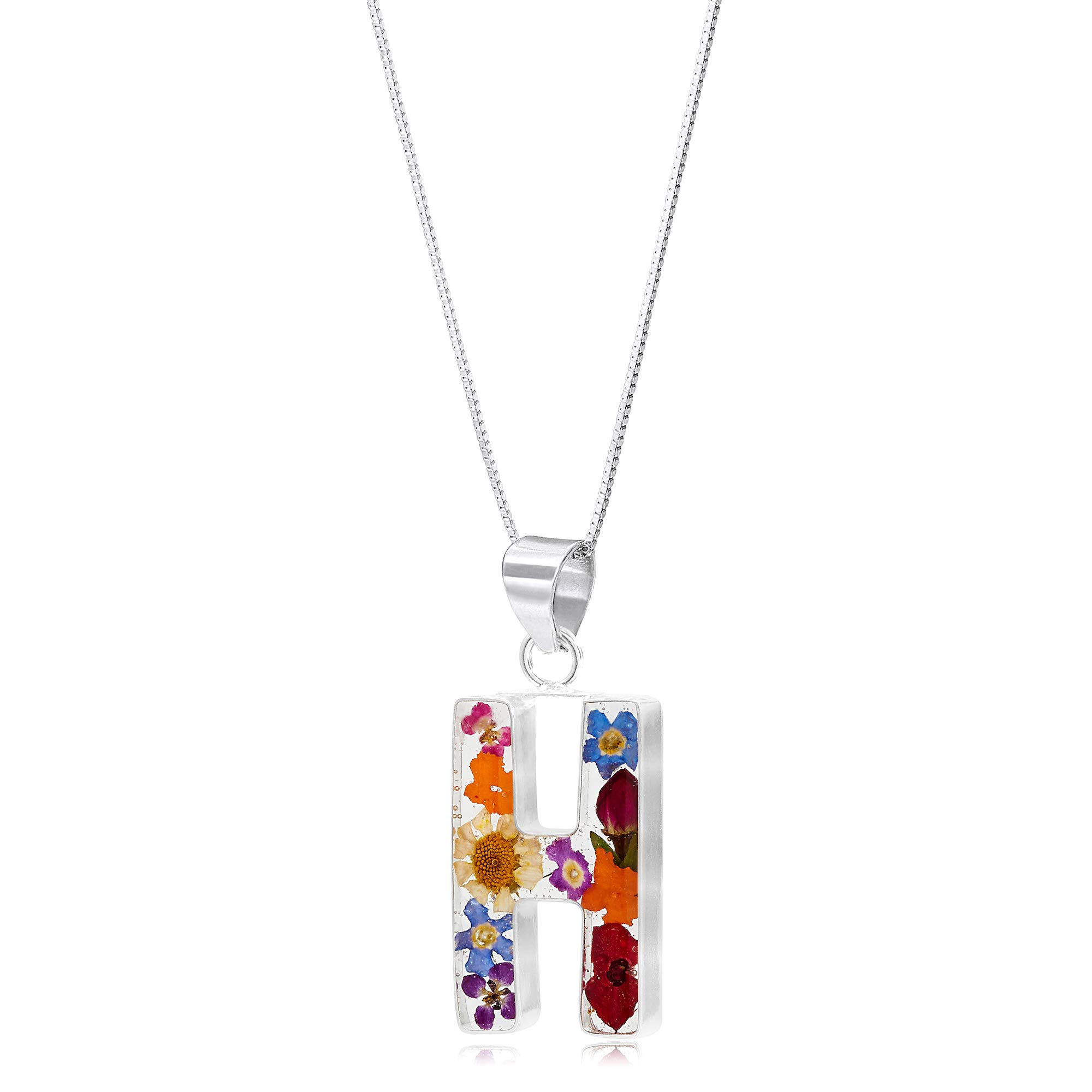 Shrieking Violet 925 Sterling Silver Letter Real Flower Initial Pendant Necklace - Assorted Flowers (Multicolour)