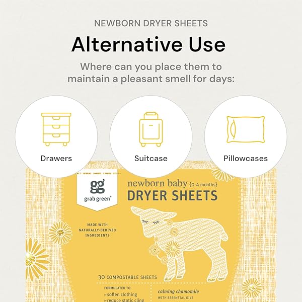 GRAB GREEN NEWBORN BABY DRYER SHEETS – NATURAL SCENT BOOSTER AND FABRIC SOFTENER TO REDUCE WRINKLES AND STATIC (CALMING CHAMOMILE SCENT, 40 SHEETS TOTAL)