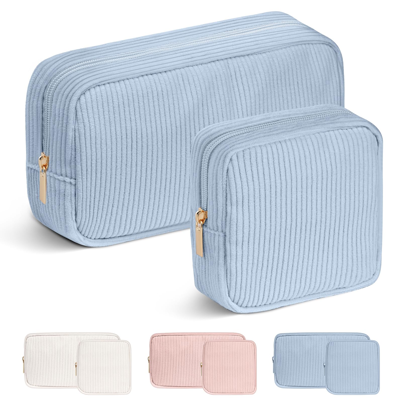 Aucuu Corduroy Cosmetic Bag, 2 Pcs Makeup Bag, Small Cosmetic Bag, Makeup Pouch, Striped Corduroy Portable Bag with Metal Zipper, Travel Cosmetic Bags Organizer for Women, Travel, School, Gift
