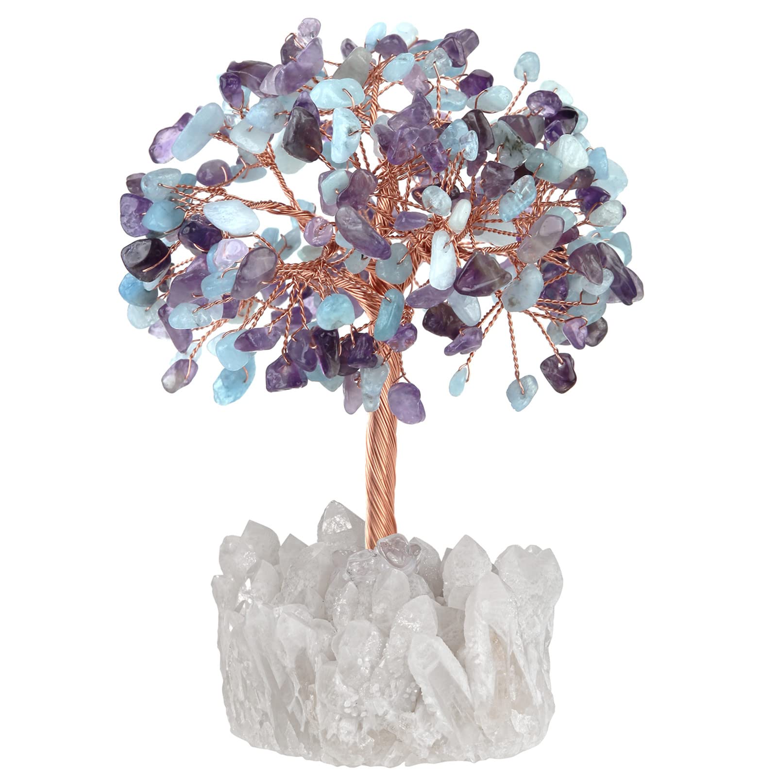 Nupuyai Amethyst & Aquamarine Crystal Money Tree with Rock Crystal Cluster Base, Good Luck Fengshui Figurine Spiritual Healing Stone Tree Ornament for Home Office Decor