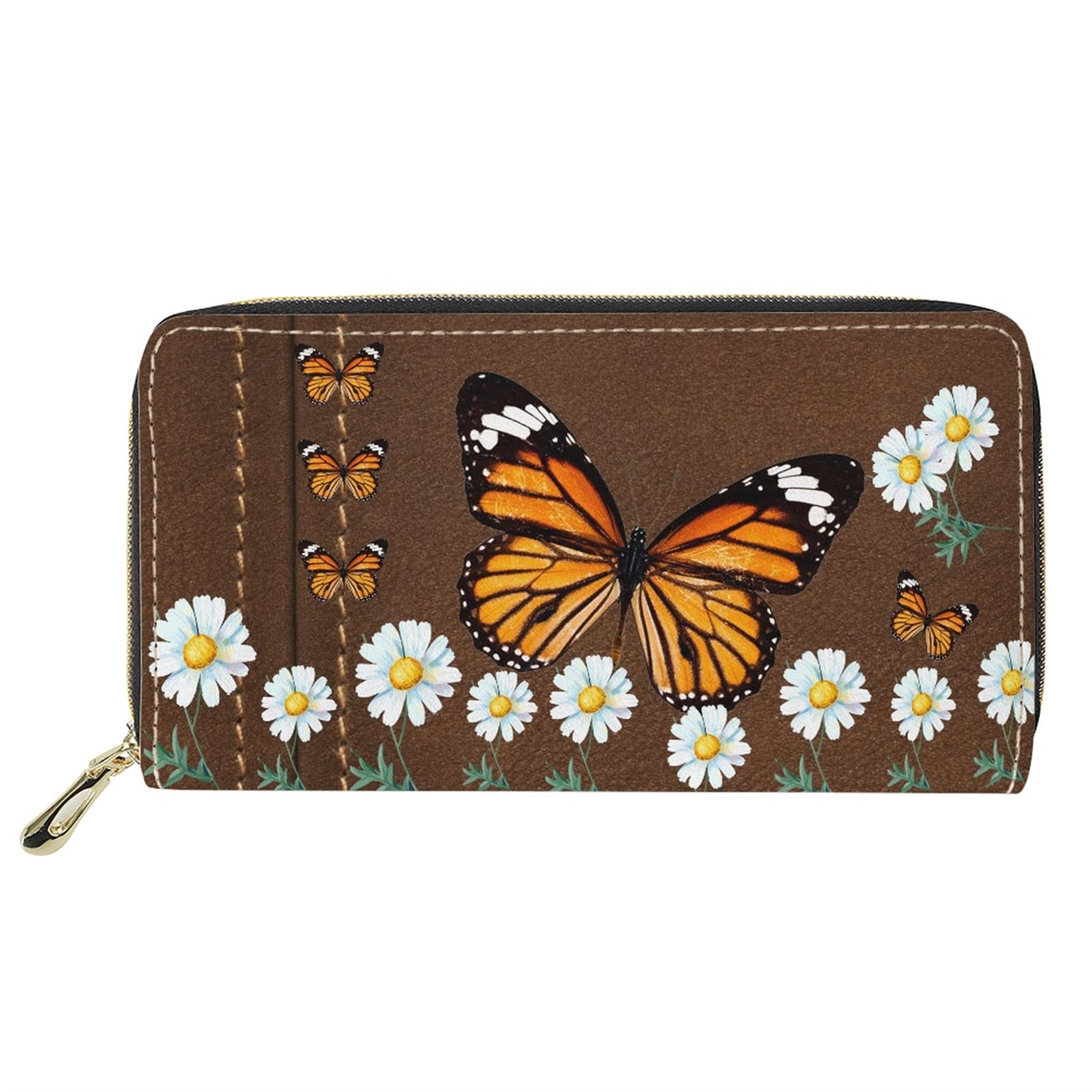 Dolyues Daisy and Yellow Butterfly Print Ladies Purse,Pu Leather Zipper Credit Card Holder Wallet with Multiple Card Slots