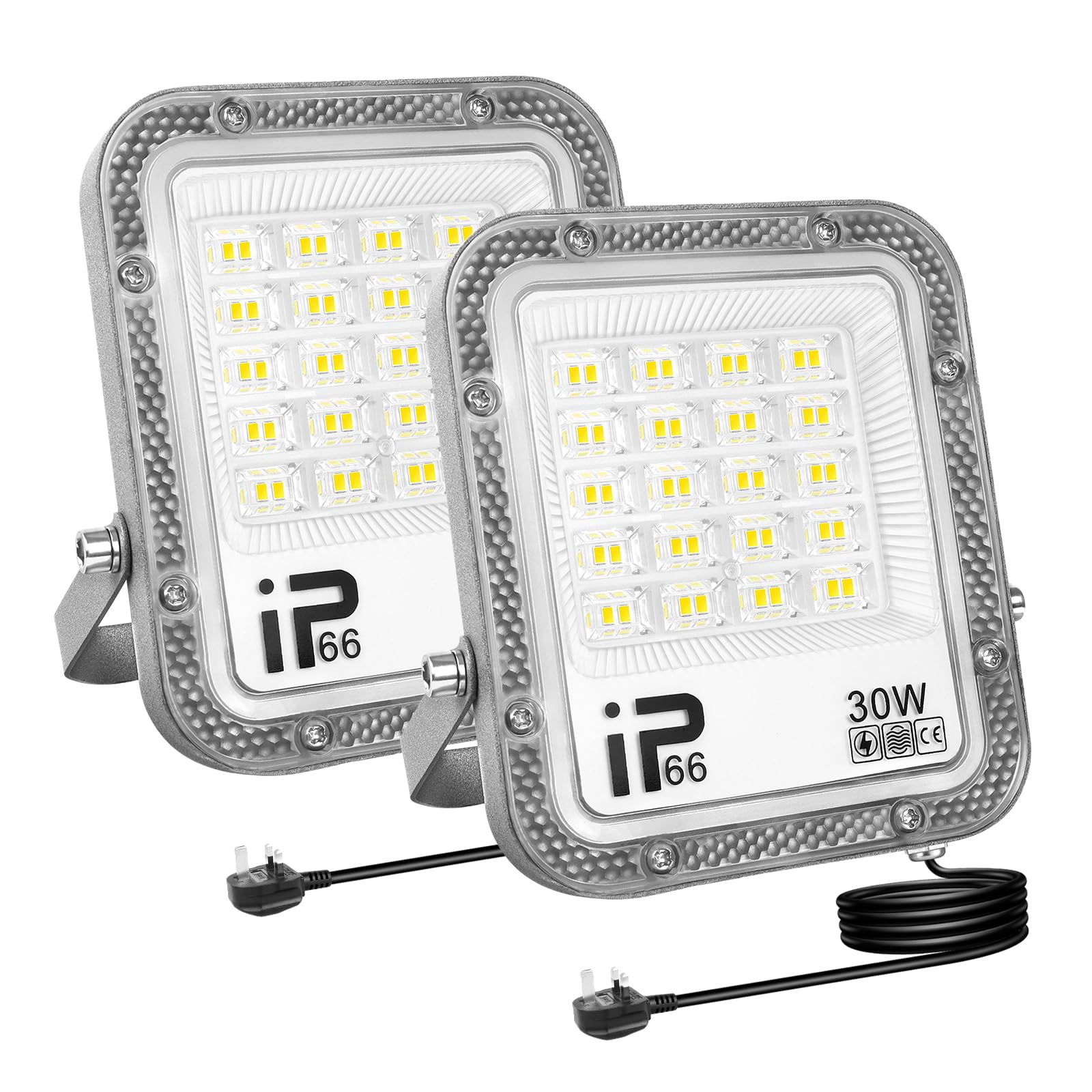 RIGIDON 2Pcs 30W LED Flood Light Outdoor with 1M Plug, 3000LM Super Bright Outdoor Lights 6000K Daylight White IP66 Waterproof Security Lights for Garden, Garage, Yard, Sports Ground, Patio, Porch
