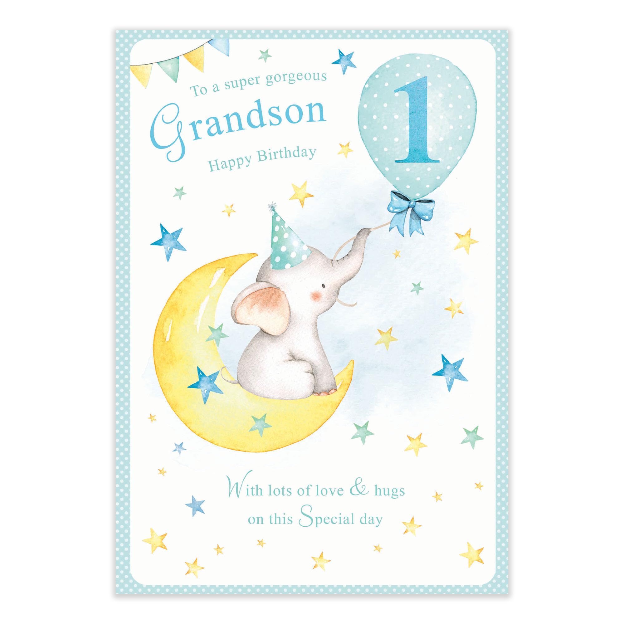 Jelly Beans Gorgeous Grandson First Birthday Card - Age 1 - Cute Elephant on The Moon - Eco-Friendly (PR-206231)