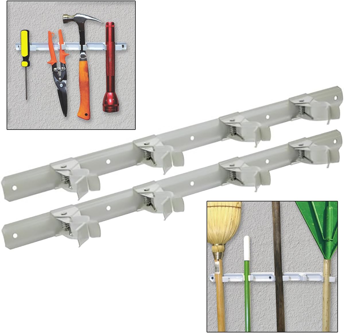 2 Symmetry Spring Grip Organizer Bars Broom Mop Tool Clips Storage Garage Closet