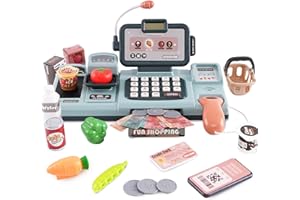 ARK MIIDO Kids Cash Register Toy Pretend Play Store Electronic Toy Set Classic Count Toy with Sound, Scanner Food Shopping Basket Pretend Credit Card Gift for Boys Girls 3 4 5 6 7 8 Years