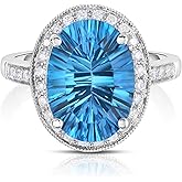 KOKAV 14K White Gold Genuine Blue Topaz Concave Cut 6.06 Ct Oval Diamonds Ring